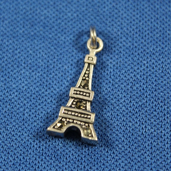 Sterling Silver Eiffel Tower Charm, Silver and Marcasite Bracelet Charm, Estate Jewelry, 925 Silver