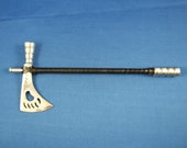 Mini Tomahawk Pipe, Black leather wrapped, Native Inspired Decor, Small Aluminum Pipe, Real Working Hawk Pipe, Bear Claw Cutout, Pow Wow
