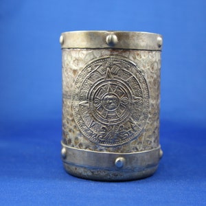 Mexican Aztec Calendar Cup, Silver Plated Hammered Finish, Mayan Design Emblem, Plated Copper Mug