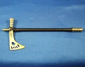 Mini Tomahawk Pipe, Black leather wrapped, Native Inspired Decor, Small Brass Pipe, Real Working Hawk Pipe, Bear Claw Cutout, Pow Wow