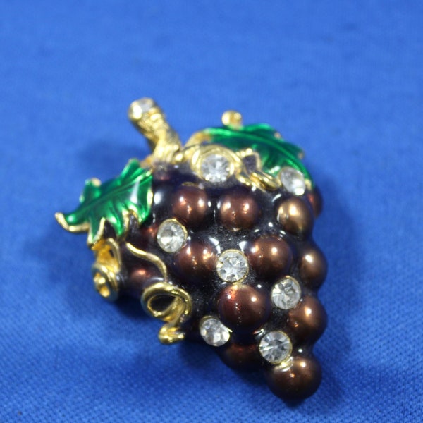 Vintage Grape Cluster Brooch with Rhinestones, Gold Tone Metal, Costume Fashion Jewelry
