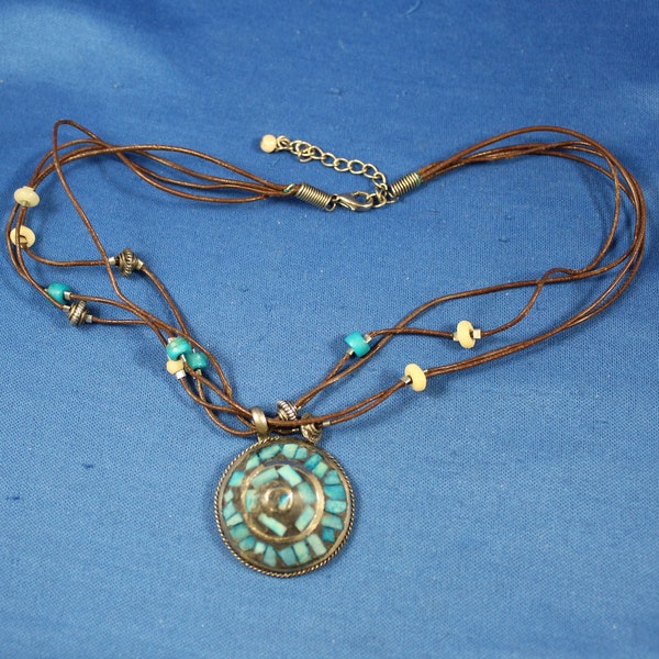 Turquoise Mosiac Pendant on multi cord necklace, Unmarked Nepal Pendant