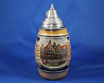 Frankfurt Beer Stein, Western Germany, Lidded Stein, Relief Design, Vintage Bavarian Collectibles, Style German Barware