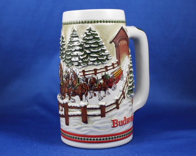 1984 Budweiser Beer Christmas Stein, CS62, Holiday Series, Ceramarte Brazil, Breweriana, Full ...