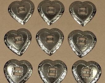 Heart Conchos #2, Lot of 10, Silver Metal Conchos, Embossed Concho, Southwestern Style, Metal Embellishments, Cowboy Decor, Embossed Metal