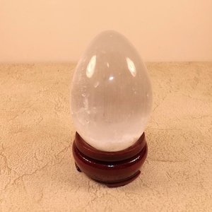 Large Selenite Egg, Selenite Egg wooden Stand, 3rd Eye Chakra, Harmony, Inner Peace,  Metaphysical