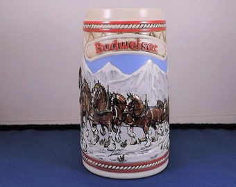 1985 Budweiser Stein, Covered Bridge Stein, CS63, Christmas Holiday Series, Ceramarte Brazil, Beer Collectibles, Anheuser Busch, Breweriana