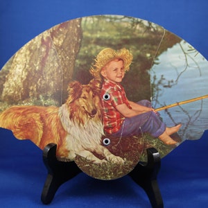 Boy with Collie Fishing Tri Fold Fan, Freeman Funeral Home, West Point ILL, Made in USA, Vintage Estate Items