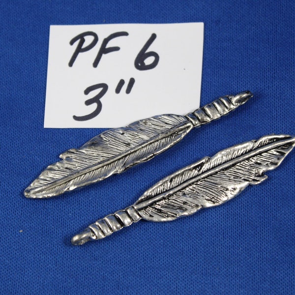 Qty of 2 Pewter Feather Pendants, PF6,  3"  Heavy Metal pendants / charms, Antiqued Silver Tone, Native American Style, Jewelry Supplies
