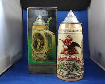 Budweiser History of Brewing Lidded Stein, #2 of 5 in series, Dated 1986, CS65, Made in Brazil by Ceramarte