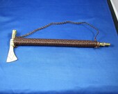 Mini Tomahawk Pipe, Brown Braided leather wrapped, Native Inspired Decor, Brass and Wood Pipe, Real Working Pipe, Pow Wow
