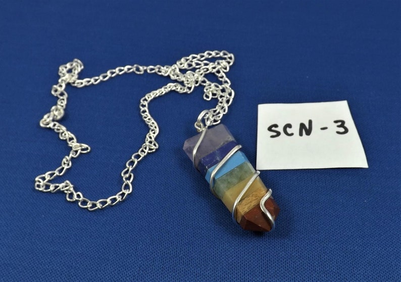 20 Sterling Silver Link Chain 7 Layer Chakra Necklace Wire Wrapped Multiple Crystal Pendant Flat Crystal Point SCN-3 Metaphysical