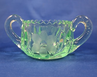 Green Uranium Glass Sugar Dish, Double Handled Sugar Bowl, Cut Flower Design, Sawtooth Edge, Table Ware