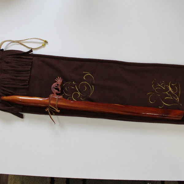 Fringed Flute Bag / Pipe Bag / Drum Stick Bag,  Native American Inspired, Indian Style Ribbon, Embroidered Bear Designs, Drawstring Bag