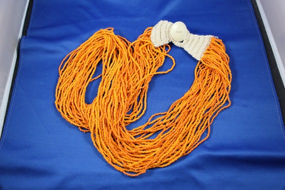 Seed Bead Necklace, 32 Strands Orange Beads, Nati… - image 1