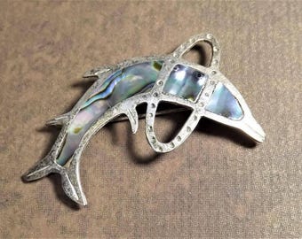 Silver Dolphin Brooch, Abalone Brooch, Mexican Silver 925, Vintage Estate Jewelry, Antiques and Collectibles, Sterling Silver