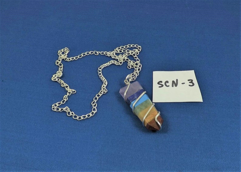 20 Sterling Silver Link Chain 7 Layer Chakra Necklace Wire Wrapped Multiple Crystal Pendant Flat Crystal Point SCN-3 Metaphysical
