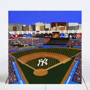 May include: A painting of a baseball stadium with a green field and a blue sky. The stadium is filled with people and there are signs for various companies. The text on the signs reads "Malieu", "Verizon", "Hess", "Bud Light", "Welcome to Yankee Stadium", and "New York Yankees".