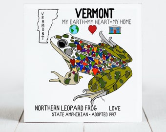 Ceramic Coaster, Vermont, State Symbols, Northern Leopard Frog, Love, Ceramic tile, Decorative Art, coaster, Home, Gifts, 3 Variations