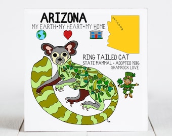 Ceramic Coaster, Arizona, State Symbols, Ring Tailed Cat, Shamrock Love, Ceramic tile, coaster, Decorative Art, Home, Gifts, 3 variations