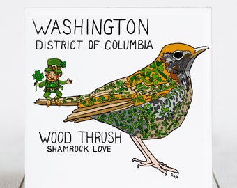 Ceramic Coaster, Washington, District of Columbia, State Symbols, Wood Thrush, Shamrock Love, Ceramic tile, coaster, Art, Home, Gifts