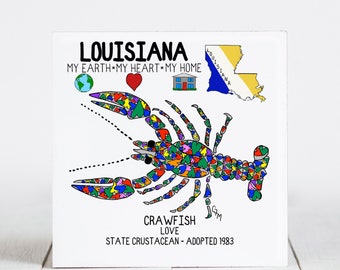 Ceramic Coaster, Louisiana, State Symbols, Crawfish Love, Ceramic tile, coaster, Decorative Art, Home, Gifts, 3 Variations