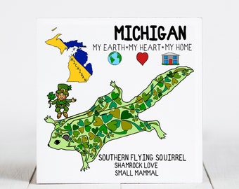 Ceramic Coaster, Michigan, State Symbols, Southern Flying Squirrel, Shamrock Love, Ceramic tile. coaster, Art, Home, Gifts, 3 Variations