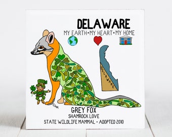 Ceramic Coaster, Delaware, State Symbols, Grey Fox, Shamrock Love. Ceramic tile, coaster, Decorative Art, Home, Gifts, 3 Variations
