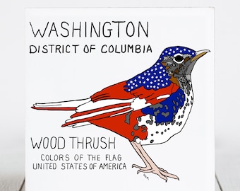 Ceramic Coaster, Washington, District of Columbia, State Symbols, Wood Thrush, USA Flag, Ceramic tile, coaster, Decorative Art, Home, Gifts