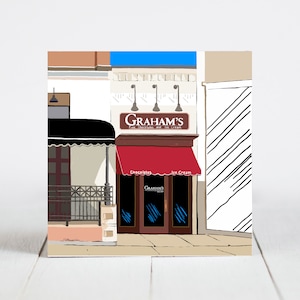 Ceramic Coaster, Wheaton, Illinois, Graham's Fine Chocolates and Ice Cream, Painting the Town Series, Ceramic coaster, artwork image 1