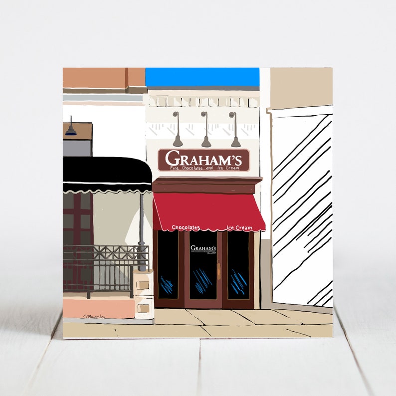 Ceramic Coaster, Wheaton, Illinois, Graham's Fine Chocolates and Ice Cream, Painting the Town Series, Ceramic coaster, artwork image 1