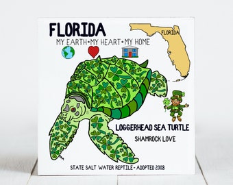 Ceramic Coaster, Florida, State Symbols, Loggerhead Turtle, Shamrock Love, Ceramic tile, coaster, Decorative Art, Home, Gifts, 3 variations