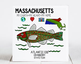 Ceramic Coaster, Massachusetts Symbol Series, Atlantic Cod, Cranberry, Ceramic tile, coaster, Decorative Art, Home, Gifts, 3 variations