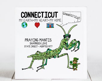 Ceramic Coaster, Connecticut, State Symbols, Praying Mantis, Shamrock Love, Ceramic tile, coaster, Decorative Art, Home, Gifts, 3 Variations