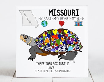 Ceramic Coaster, Missouri, State Symbols, Three Toed Box Turtle, Love, Ceramic tile, coaster, Decorative Art, Home, Gifts, 3 Variations