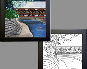 Naperville, Illinois, Riverwalk Bridge, Dupage River Print, Wall Art, Line Drawing Art, Gallery Trio Artwork, JPG PNG Instant Download