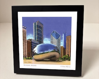 Framed Chicago Themed Prints, Tabletop 5 3/4"x5 3/4" black, The Bean, Willis Tower, Hancock Center, Hancock at Lincoln Park Art Prints