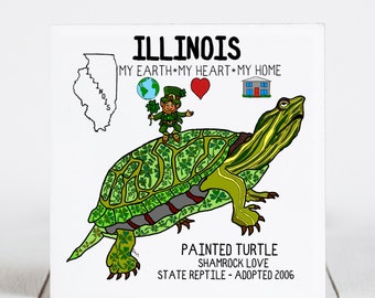 Ceramic Coaster, Illinois, State Symbols, Painted Turtle, Shamrock Love, Ceramic tile, coaster, Decorative Art, Home, Gifts, 3 Variations