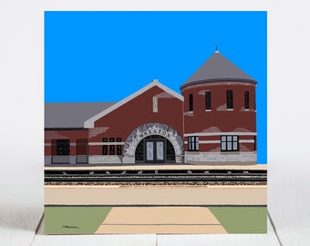 Ceramic Coaster, Wheaton, Illinois, Train Station, Painting the Town Series, Ceramic coaster, artwork