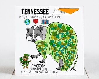 Ceramic Coaster, Tennessee, State Symbols, Raccoon, Shamrock Love, Ceramic Coaster, ceramic tile, Decorative Art, Home, Gifts, 3 variations