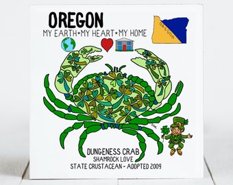 Ceramic Coaster, Oregon, State Symbols, Dungeness Crab, Shamrock Love, Ceramic tile, coaster, Decorative Art, Home, Gifts, 3 Variations