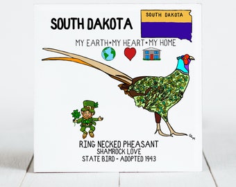 Ceramic Coaster, South Dakota, State Symbols, Ring Necked Pheasant, Shamrock Love, Ceramic tile, Decorative Art, Home, Gifts, 3 Variations