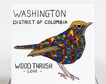 Ceramic Coaster, Washington, District of Columbia, State Symbols, Wood Thrush, Love, Ceramic tile, coaster, Decorative Art, Home, Gifts