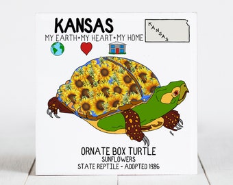 Ceramic Coaster, Kansas, State Symbols, Ornate Box Turtle, Sunflowers, Ceramic tile, coaster, Decorative Art, Home, Gifts, 3 Variations