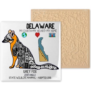 Ceramic Coaster, Delaware, State Symbols, Grey Fox, Zentangle. Ceramic tile, coaster, Decorative Art, Home, Gifts, 3 Variations image 2