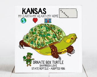 Ceramic Coaster, Kansas, State Symbols, Ornate Box Turtle, Shamrock Love, Ceramic tile, coaster, Decorative Art, Home, Gifts, 3 Variations