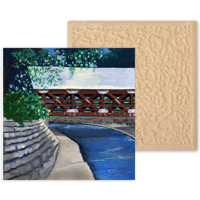 Ceramic Coaster, Naperville, Illinois, Painting the Town Series, Riverwalk Covered Bridge, Ceramic Tile, Coaster, Art, Home, Gifts image 3