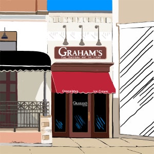 Ceramic Coaster, Wheaton, Illinois, Graham's Fine Chocolates and Ice Cream, Painting the Town Series, Ceramic coaster, artwork image 2