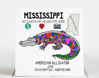 Ceramic Coaster, Mississippi, State Symbols, American Alligator, Love, Ceramic tile, coaster, Decorative Art, Home, Gifts, 3 variations