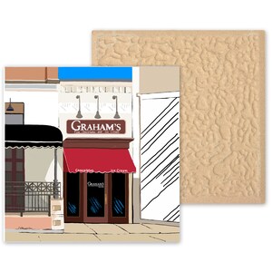 Ceramic Coaster, Wheaton, Illinois, Graham's Fine Chocolates and Ice Cream, Painting the Town Series, Ceramic coaster, artwork image 3